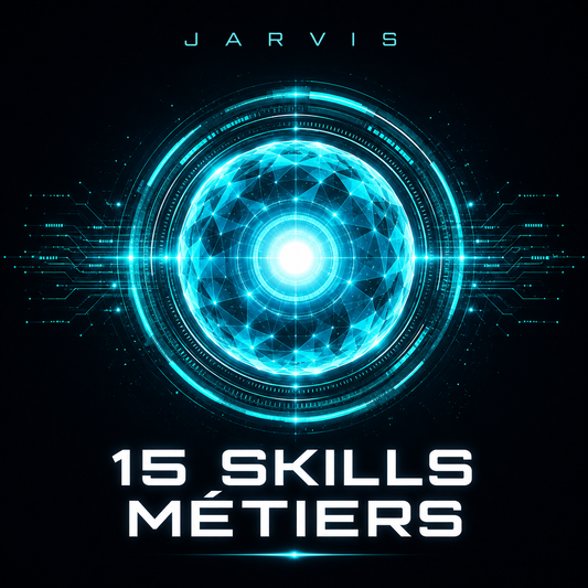 15 Skills Métiers — Jarvis, sphère HUD cyan